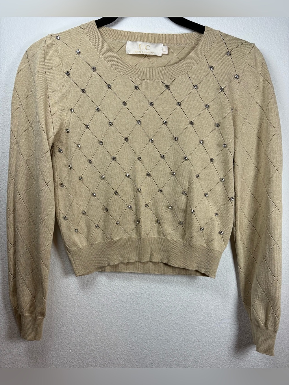 TC Beige Crewneck Sweater with Rhinestone Diamond Knit